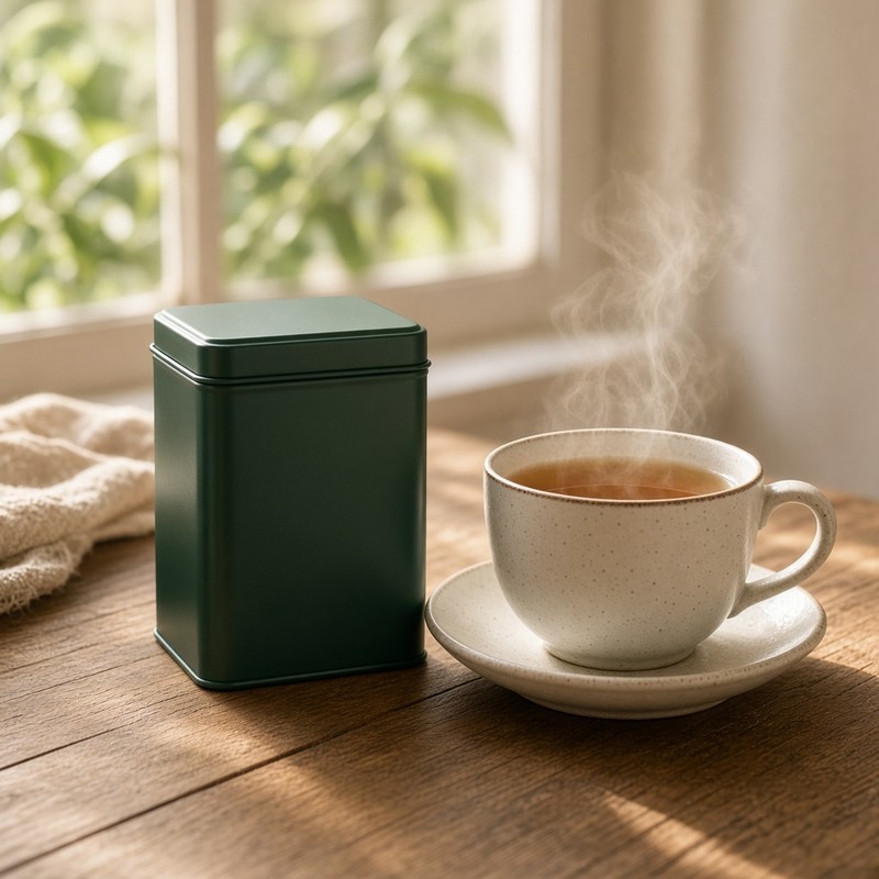 Tulsi green tea tin beside a cup of tea