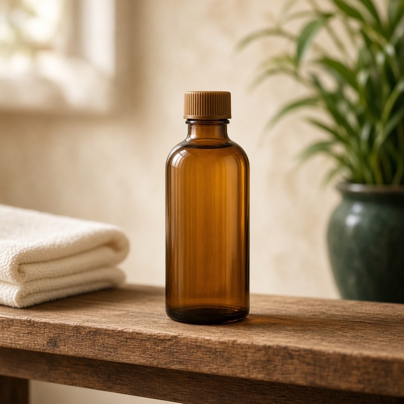 Coconut herbal hair oil bottle on a wooden shelf