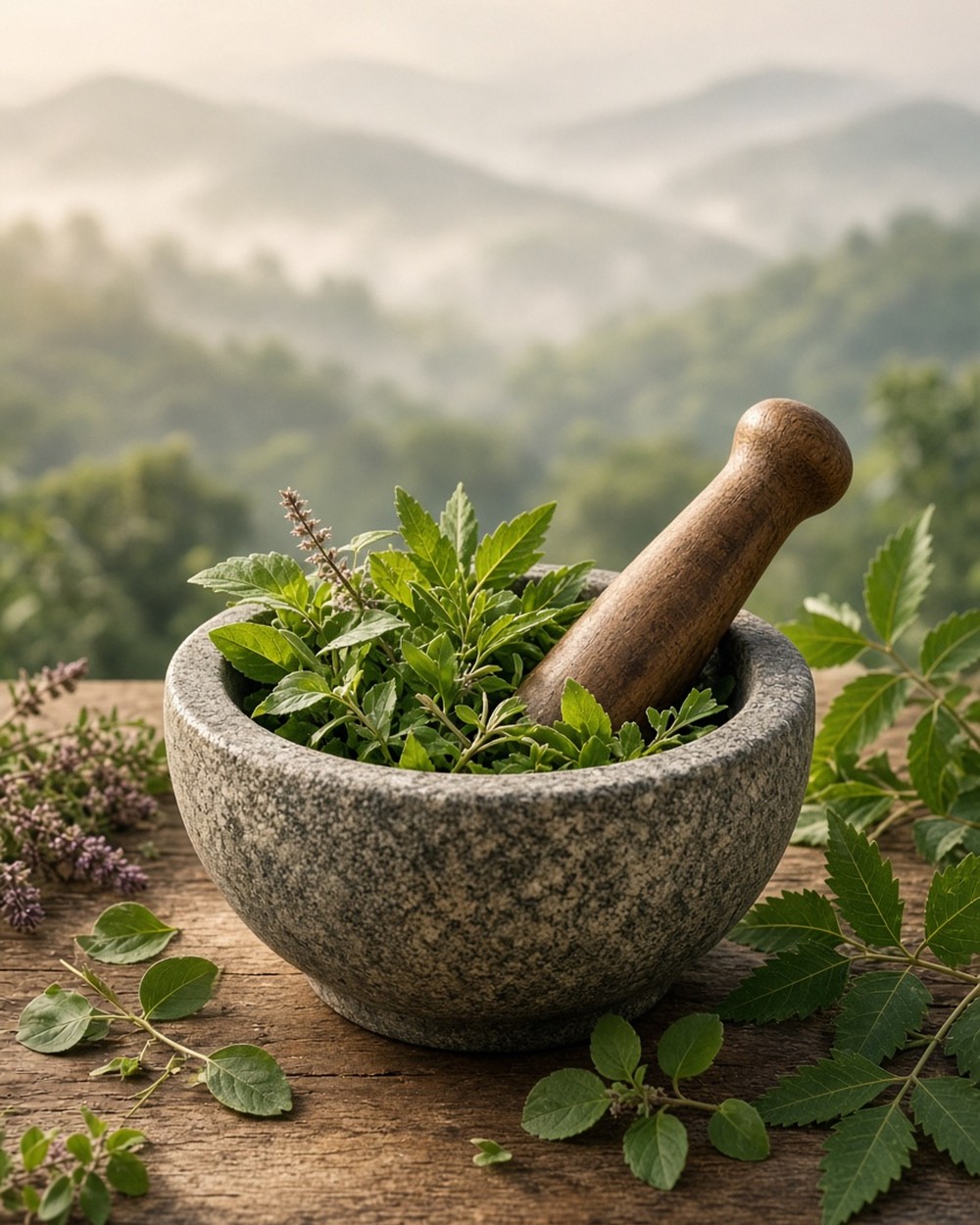 A stone mortar filled with fresh herbs beside a wooden pestle